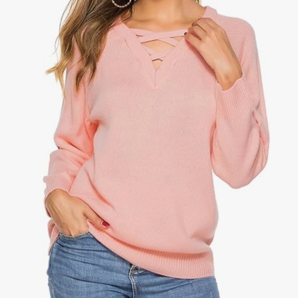 Apricot Pink Crisscross V Neck Sweater Large